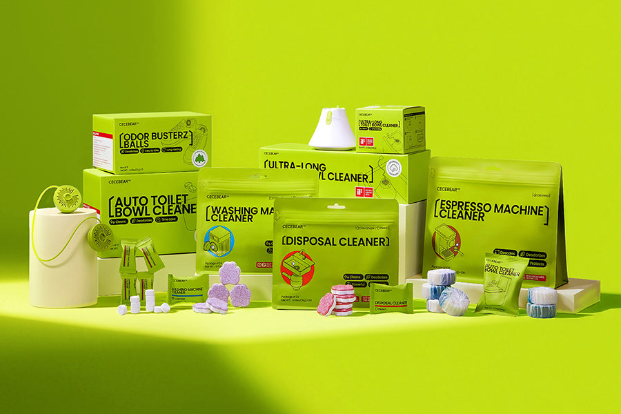 Hand holding a white dishwasher tablet against a blue sky background