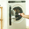 A tin of dishwasher tablets with one being dropped into a dishwasher dispenser