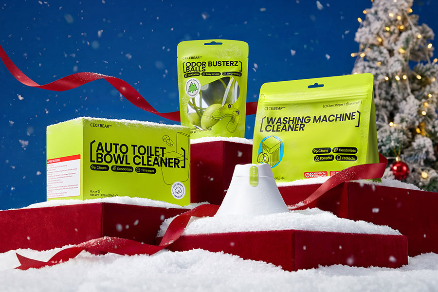 Hand holding a white dishwasher tablet against a blue sky background